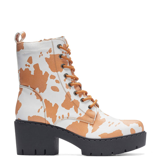 Clarabelle Brown Cow Print Switch Lace Up Boots